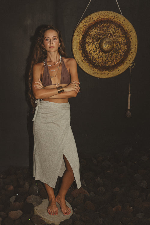 Aurora Wrap Skirt – Handcrafted Organic Linen Knit in Natural Earthy Tone