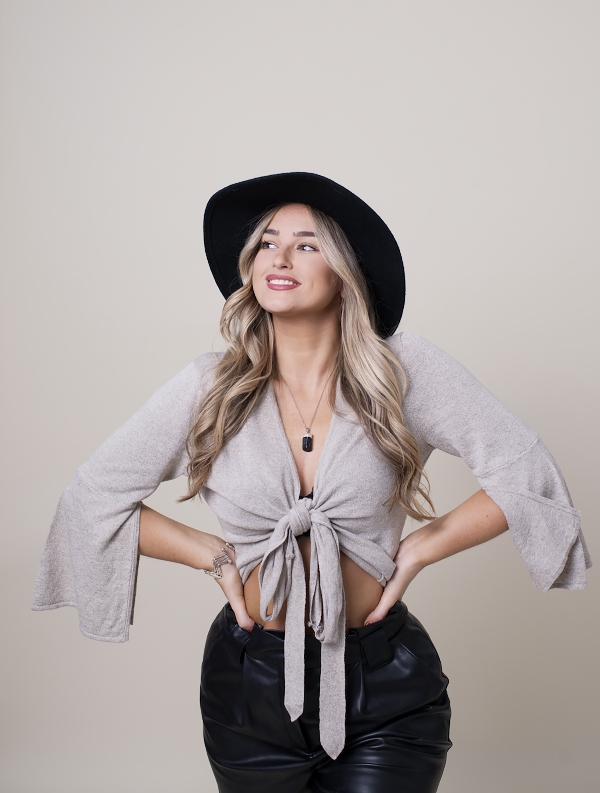 Oyster organic linen wrap top with soft knit texture and flared sleeves