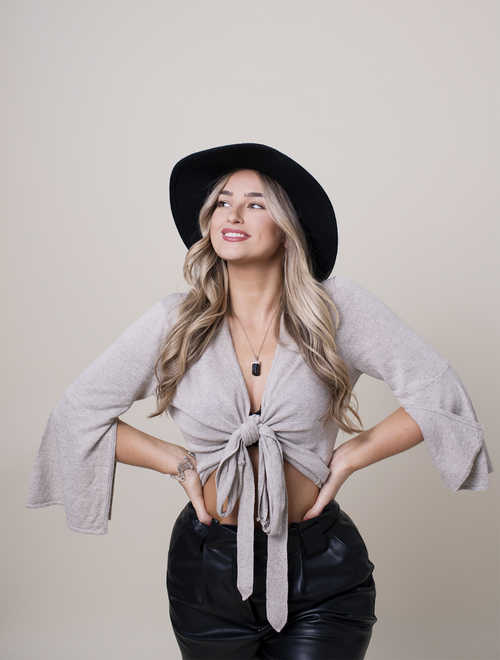 Oyster organic linen wrap top with soft knit texture and flared sleeves