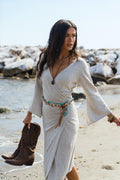 Aurora Wrap Dress natural organic linen wrap dress front view