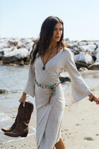 Aurora Wrap Dress natural organic linen wrap dress front view