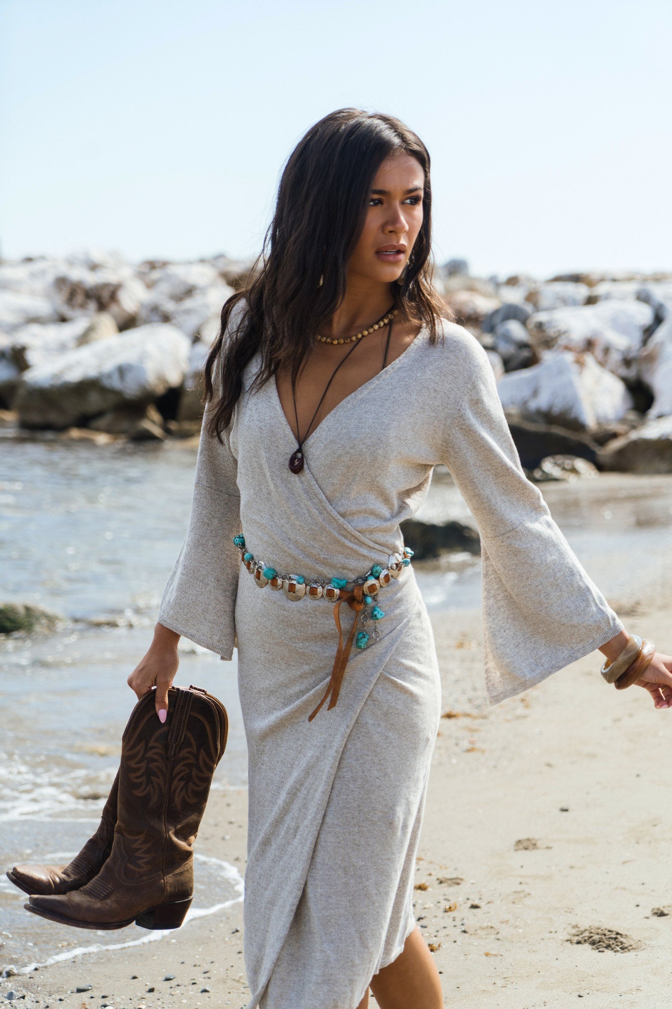 Aurora Wrap Dress natural organic linen wrap dress front view