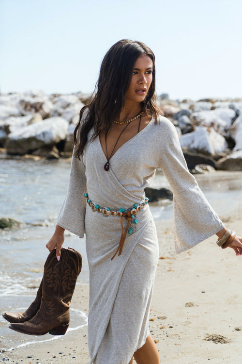 Aurora Wrap Dress natural organic linen wrap dress front view