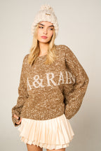 Willow Jumper in warm brown with cream accents, handmade super-chunky wool and organic cotton, oversized fit with thumb holes