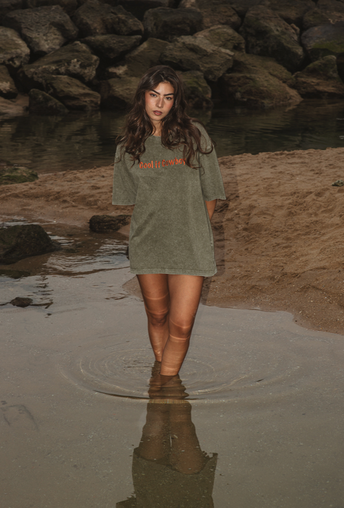 Cool It Cowboy T-shirt in sage green organic cotton with terracotta embroidered slogan