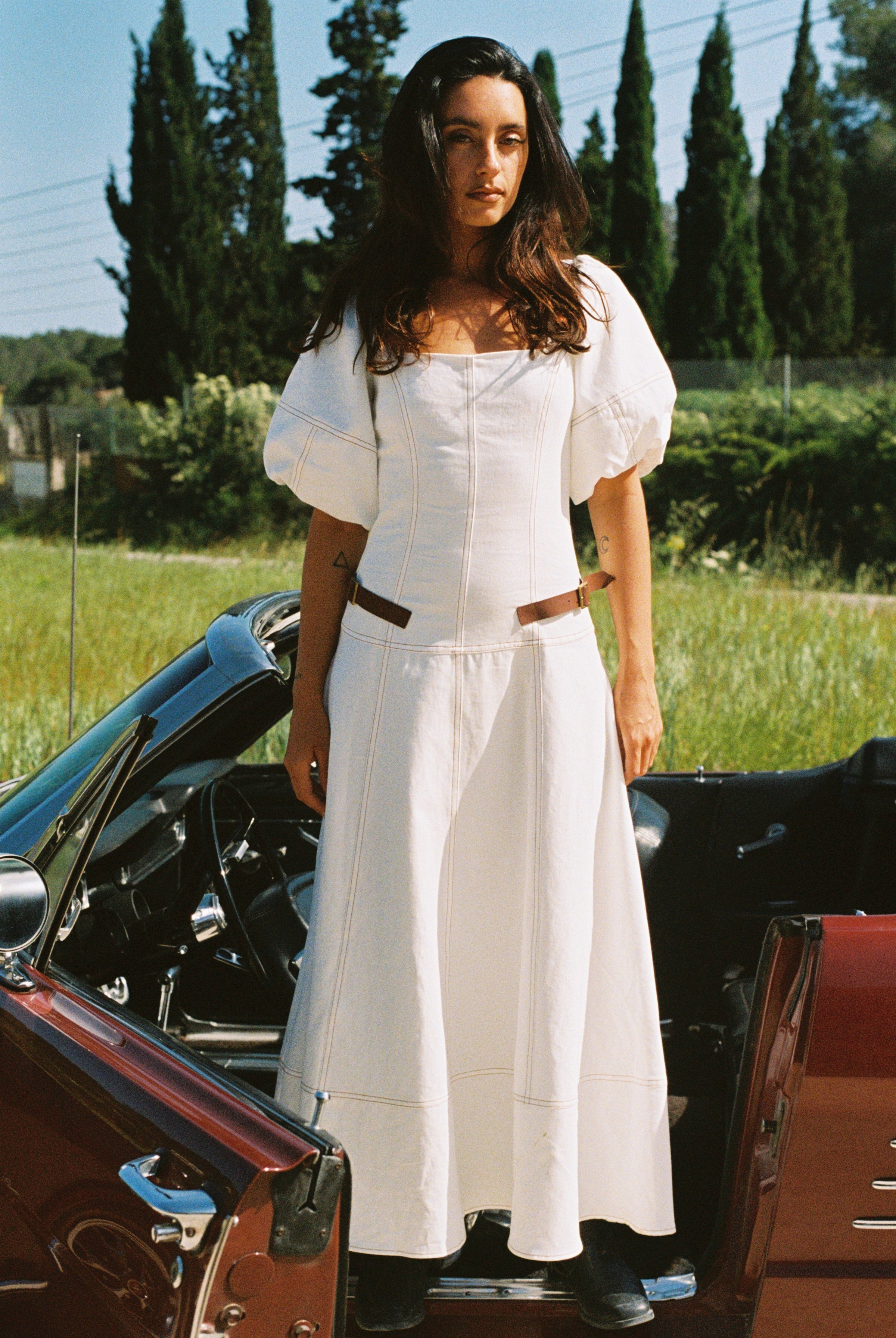 Dakota Dress – White Denim Maxi | Leather Belts
