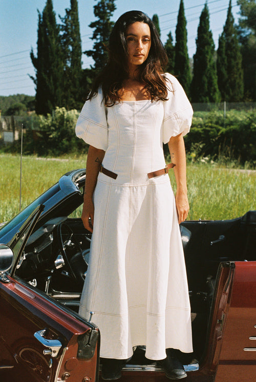 Dakota Dress – White Denim Maxi | Leather Belts