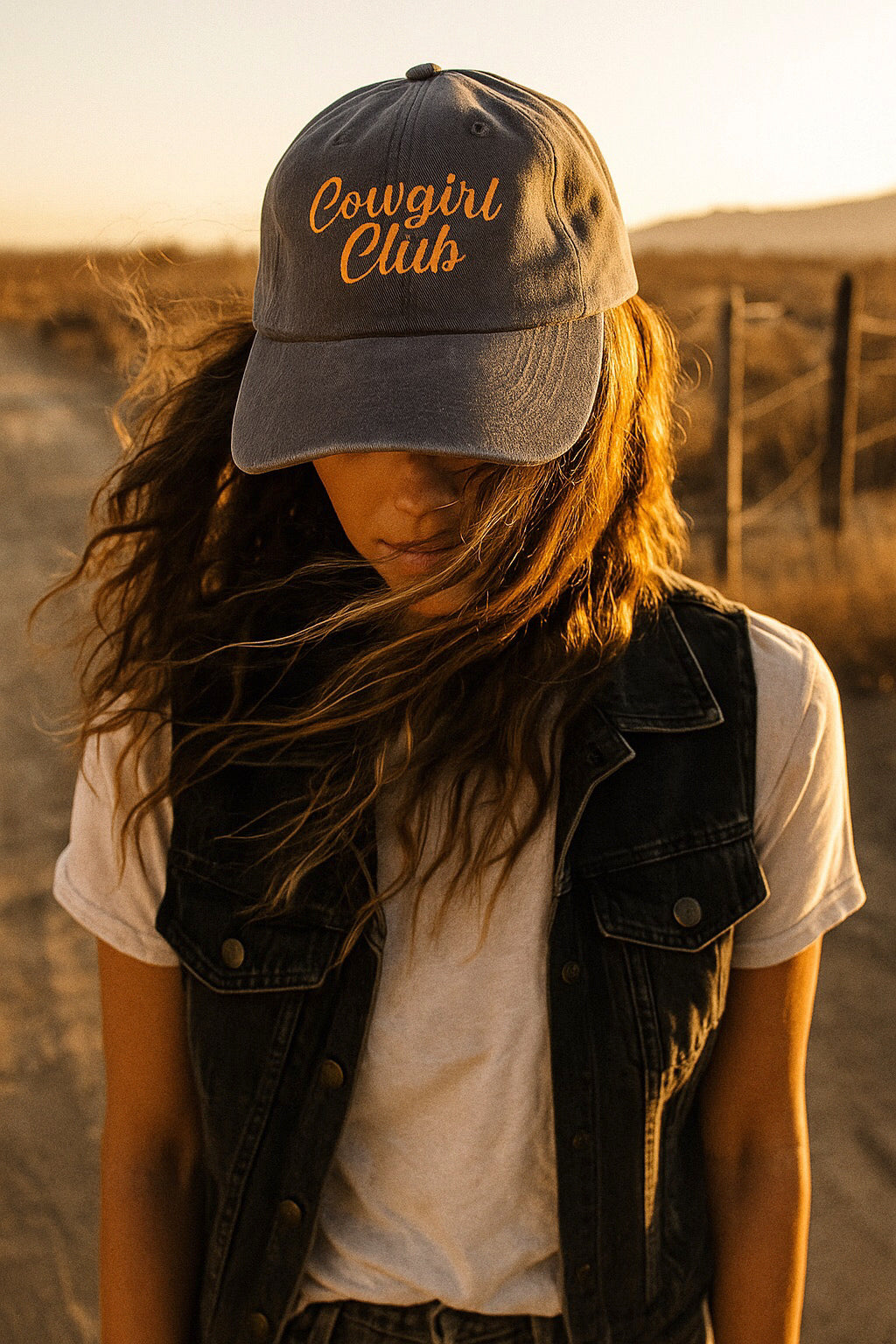 Cowgirl Club acid wash cap khaki embroidered orange logo front view