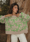 Handmade Eden Jumper in oatmeal super-chunky merino wool with lime green alpaca jacquard motif