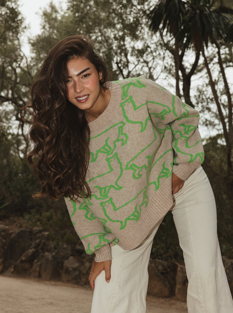Handmade Eden Jumper in oatmeal super-chunky merino wool with lime green alpaca jacquard motif