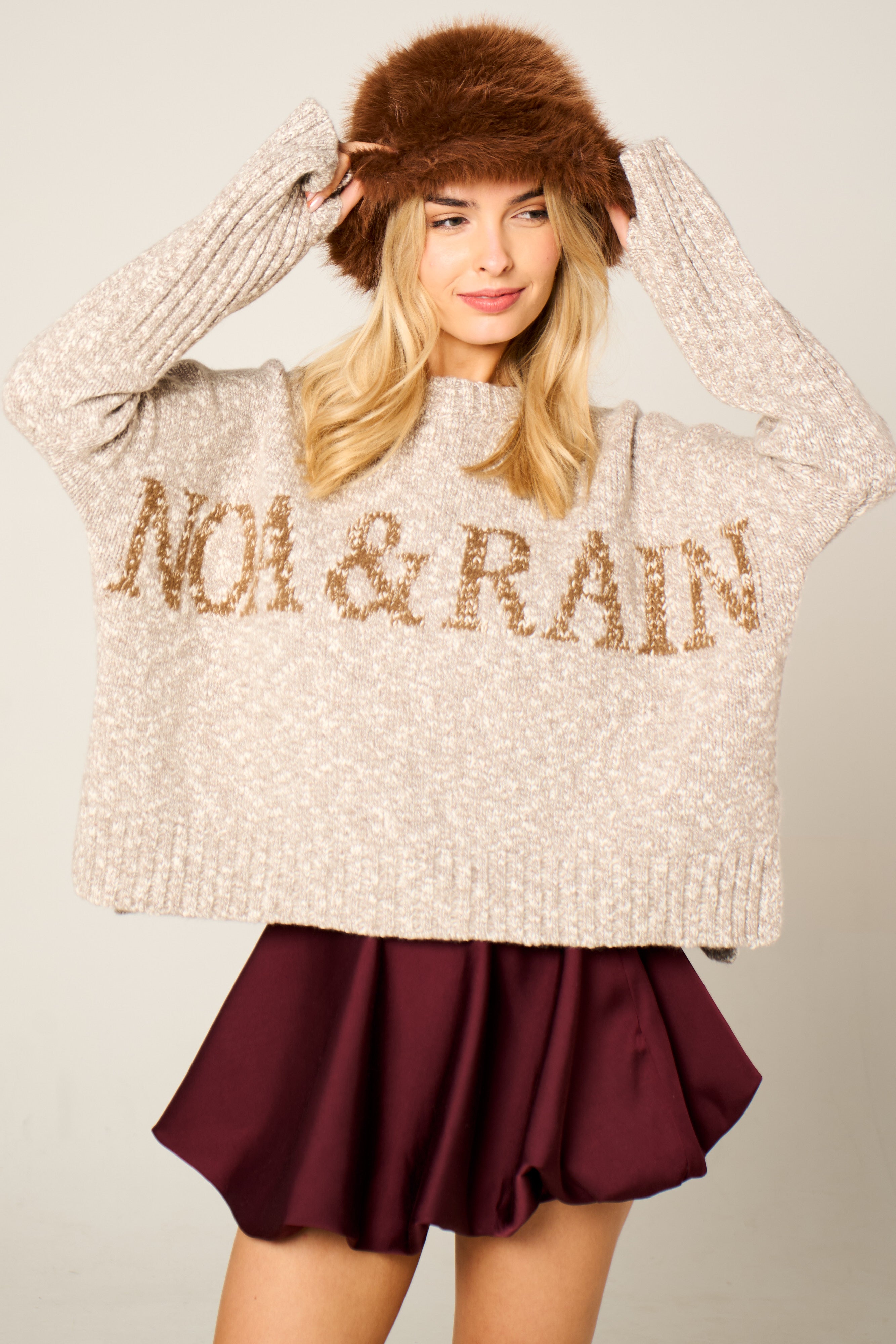 Handmade Willow jumper in stone and oatmeal, super-chunky wool and organic cotton blend, oversized fit with thumb holes