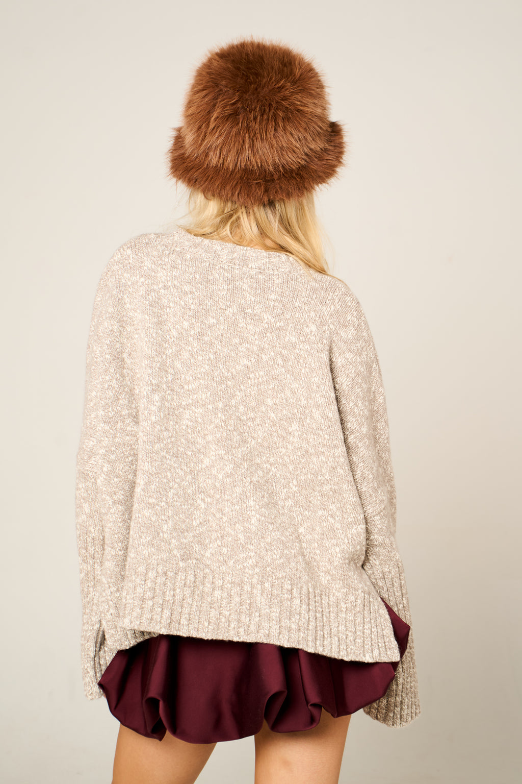 Handmade Willow jumper in stone and oatmeal, super-chunky wool and organic cotton blend, oversized fit with thumb holes