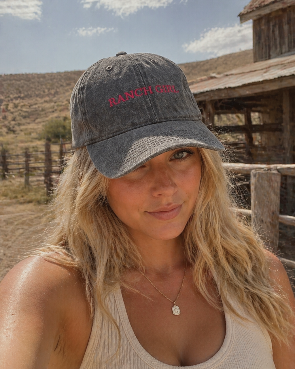 Ranch Girl embroidered acid wash grey 100% cotton cap with raspberry pink stitching on front