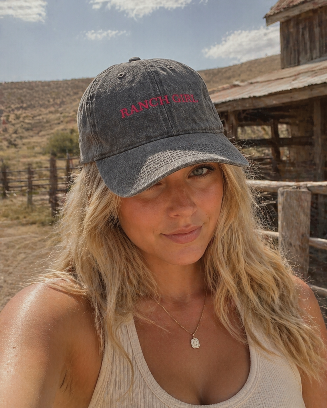 Ranch Girl embroidered acid wash grey 100% cotton cap with raspberry pink stitching on front