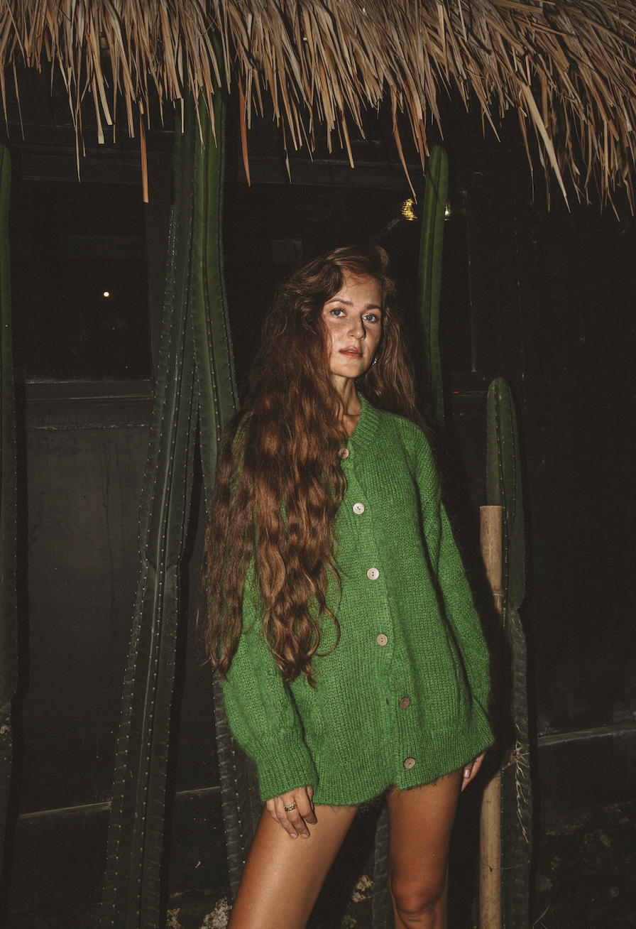 Hand knitted Noura Cardigan in kiwi green mohair – oversized luxury knit for effortless sustainable style Bright kiwi green oversized cardigan mohair luxury knitwear styling