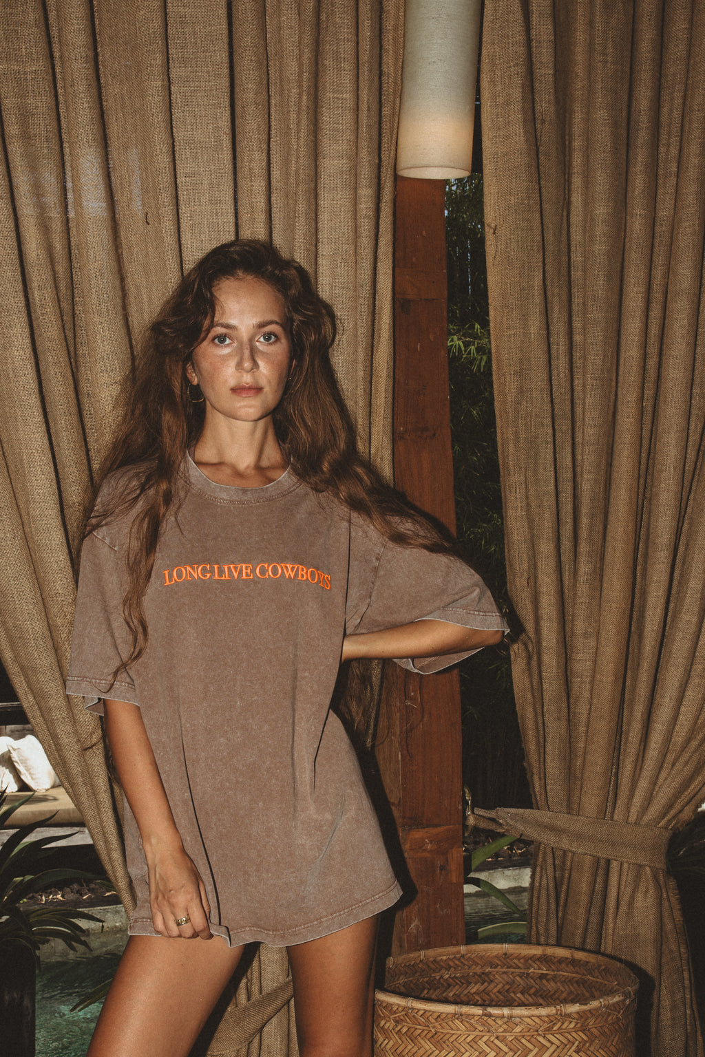 Long Live Cowboys organic cotton t-shirt in acid wash brown with tangerine orange embroidery – vintage western graphic tee
