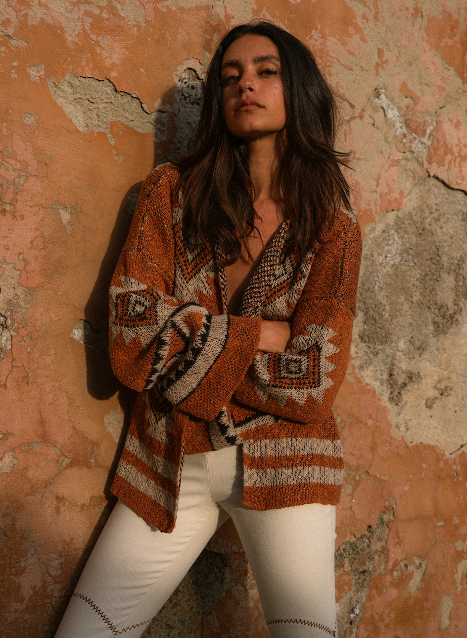Statement boho cardigan Safiya earthy tones Navajo inspired pattern knit