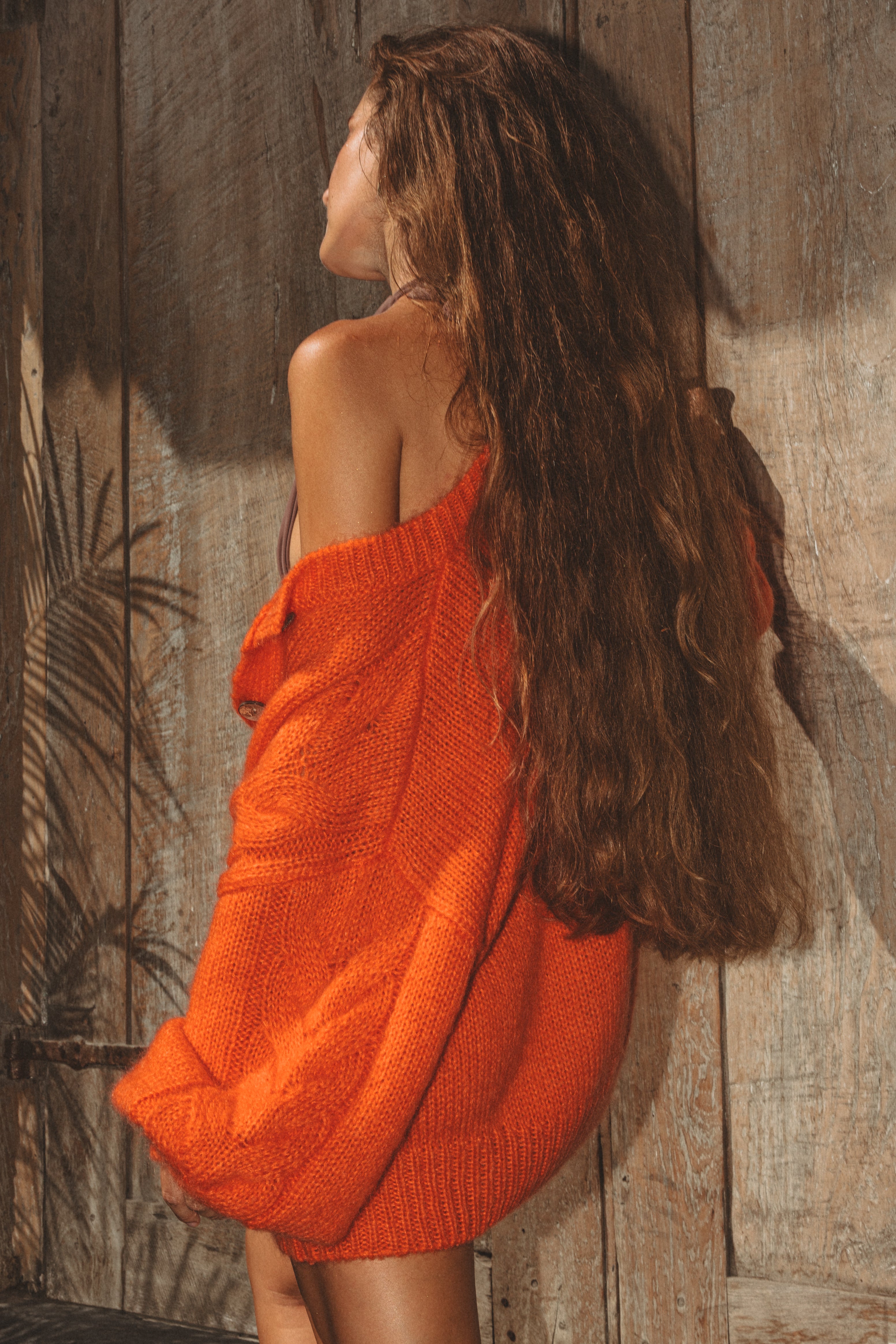 Noura Mohair Cardigan in Tangerine Orange – Handmade Oversized Knit, Soft and Timeless