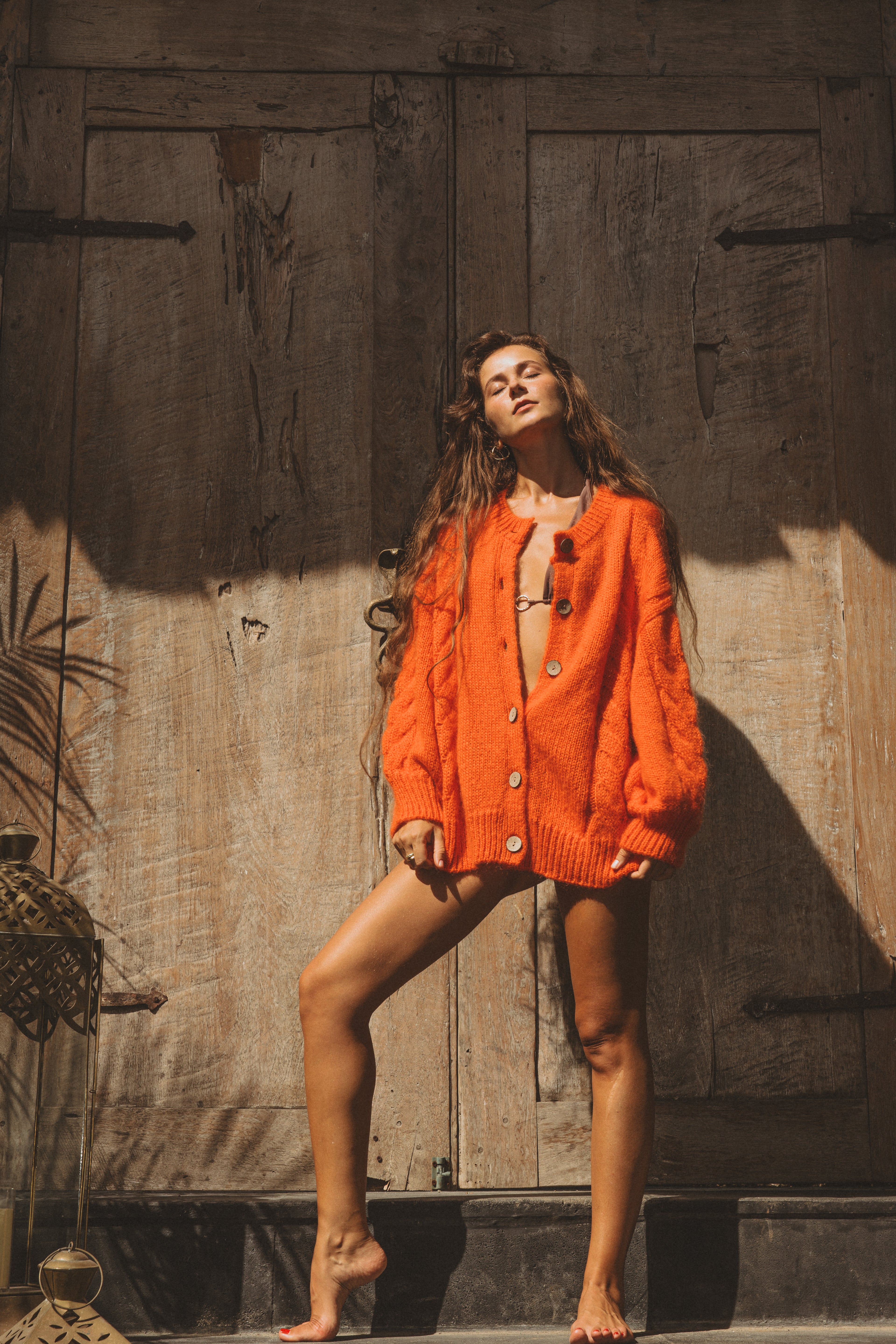 Noura Mohair Cardigan in Tangerine Orange – Handmade Oversized Knit, Soft and Timeless