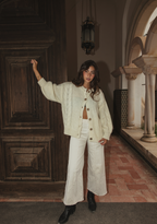 Buttercream oversized mohair cardigan layered for relaxed, natural styling