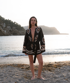 Black belted longline cardigan Safiya Noir with Navajo inspired jacquard pattern