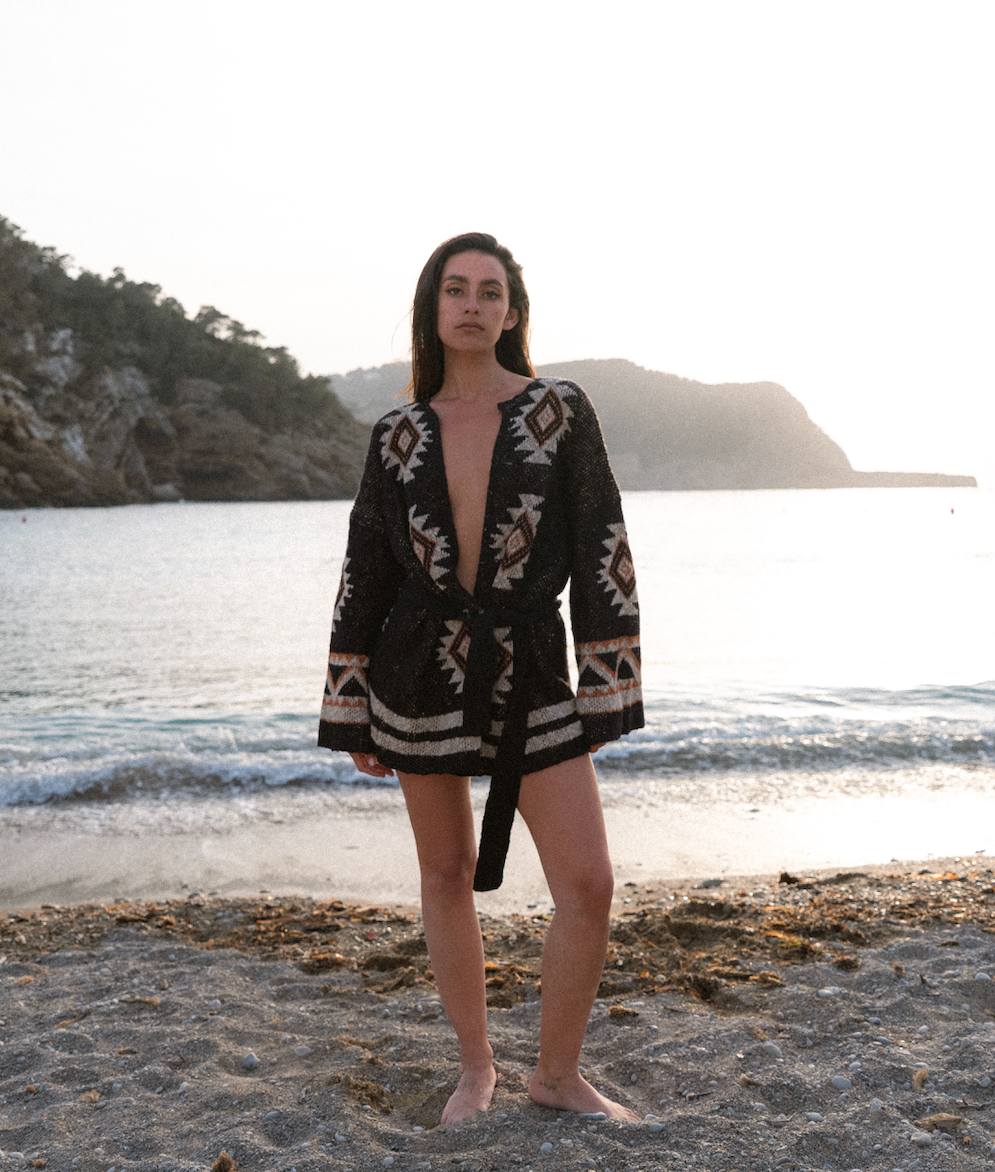 Black belted longline cardigan Safiya Noir with Navajo inspired jacquard pattern