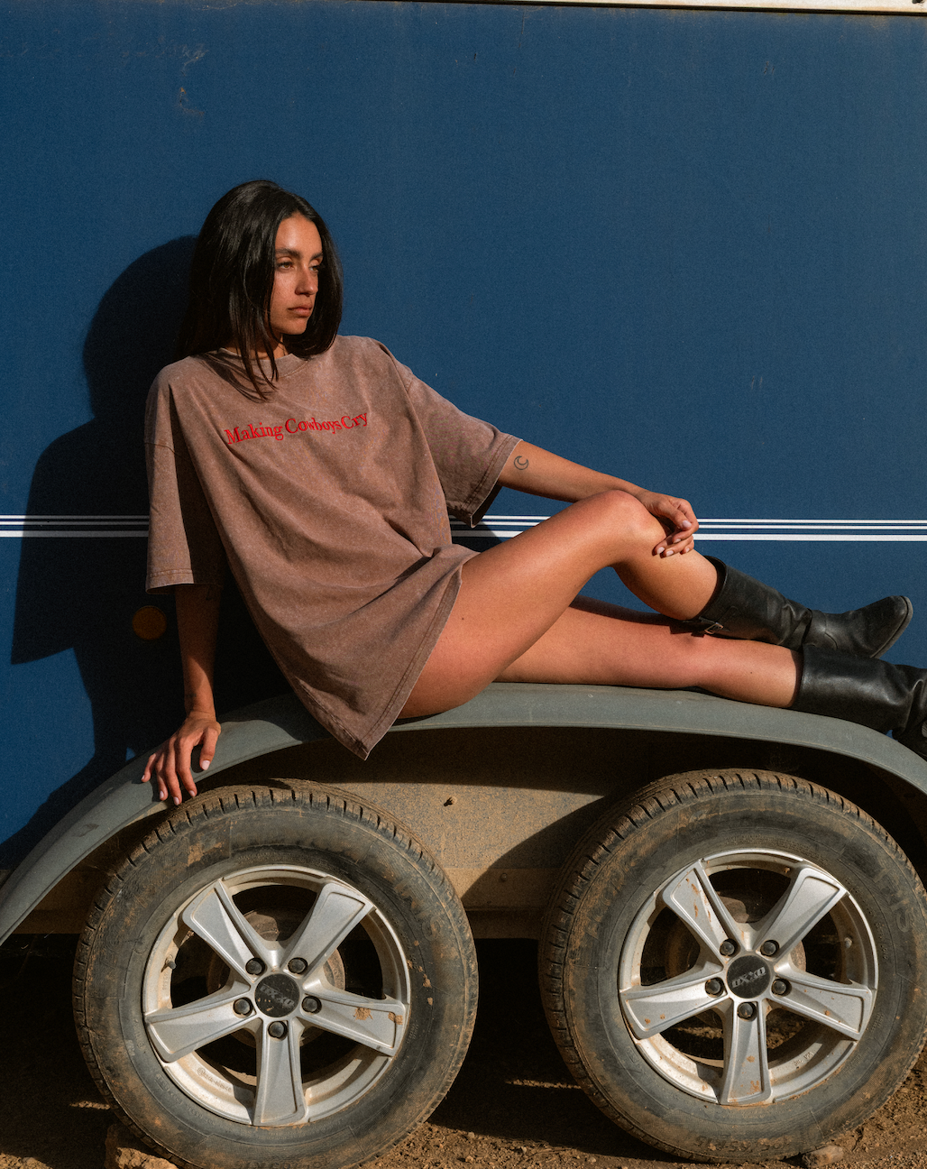Brown acid wash boyfriend fit tee Making Cowboys Cry red embroidery slogan