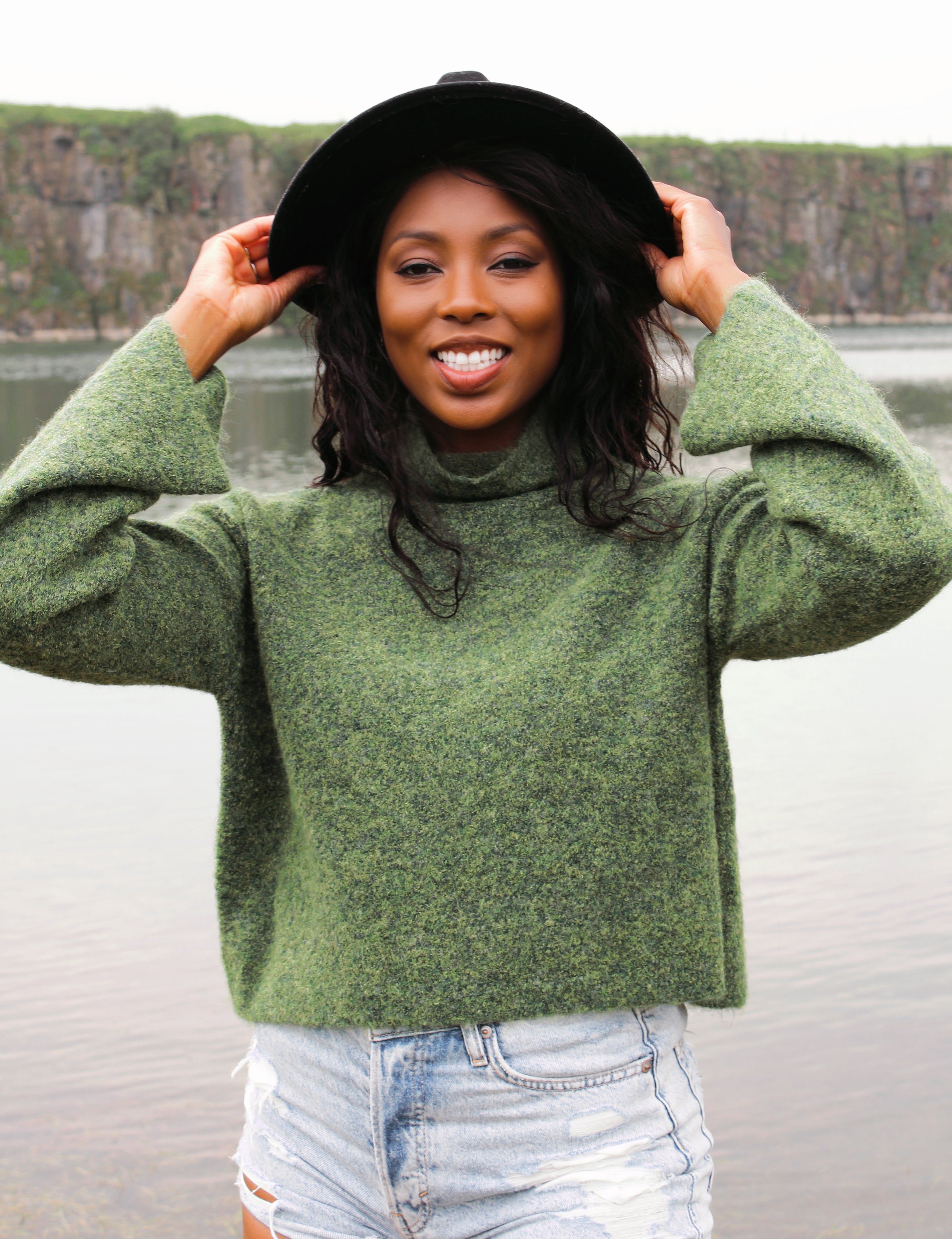 Kiwi green boucle knit jumper Sienna cropped boxy fit roll neck