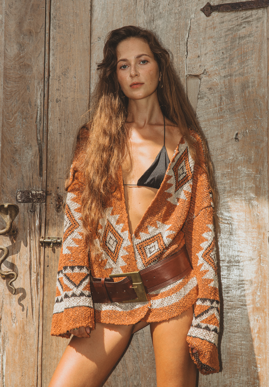Organic Linen Safiya Cardigan – Handcrafted Navajo-Inspired Patterns, Earthy, Raw Boho Style