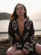 Safiya Noir cardigan black longline jacquard knit belted cardigan front view
