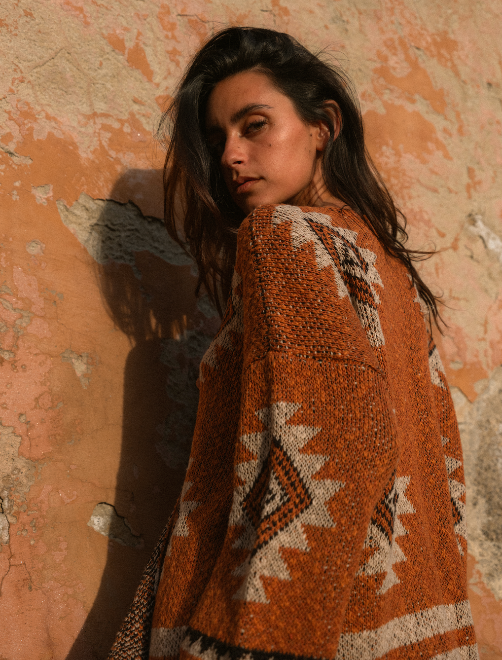 Safiya Cardigan organic cotton linen jacquard Navajo inspired knit boho cardigan front view
