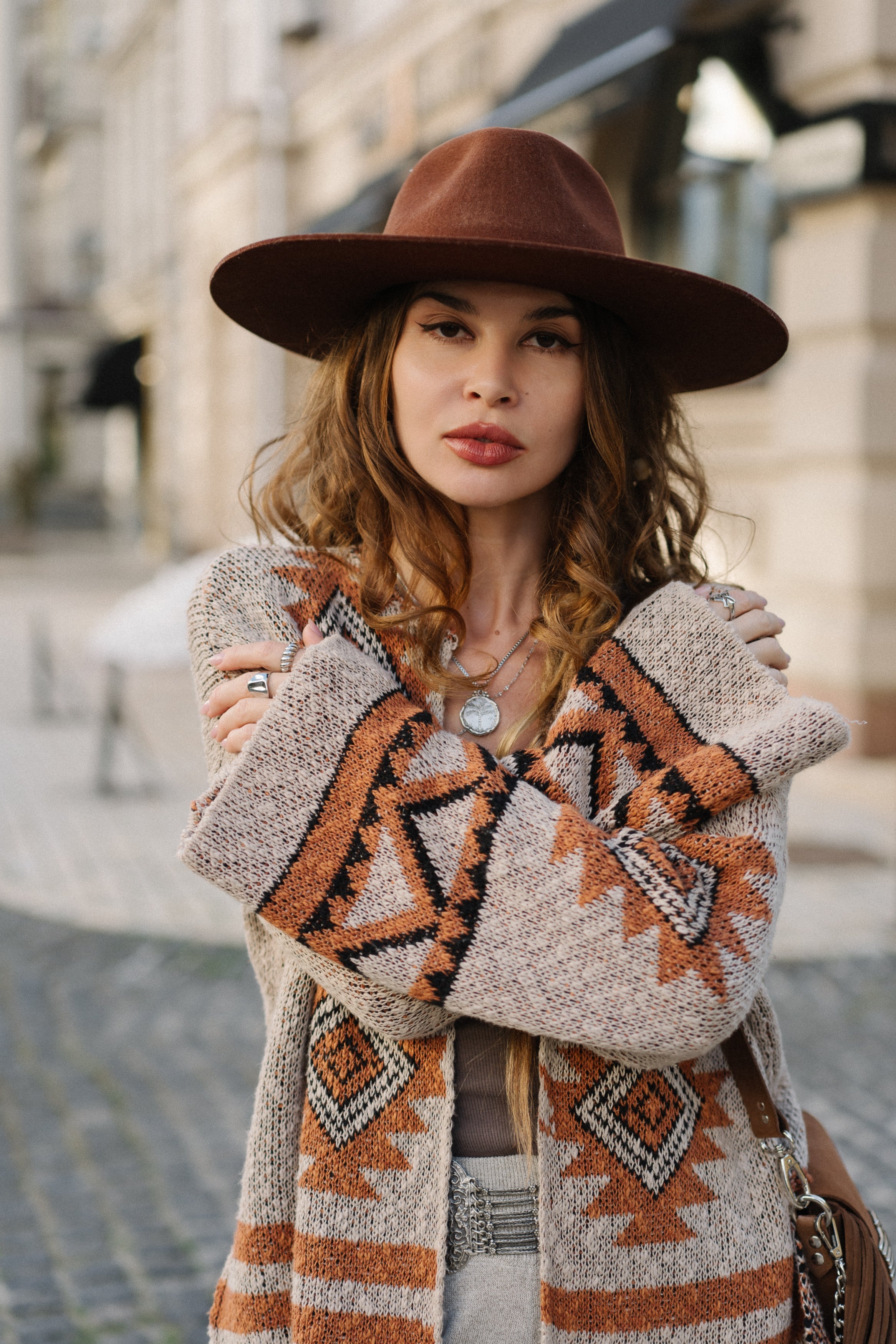 Organic linen cardigan in desert sand with Navajo motifs – handmade Safiya Cardigan with rustic Western style