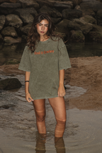 Cool It Cowboy T-shirt in sage green organic cotton with terracotta embroidered slogan
