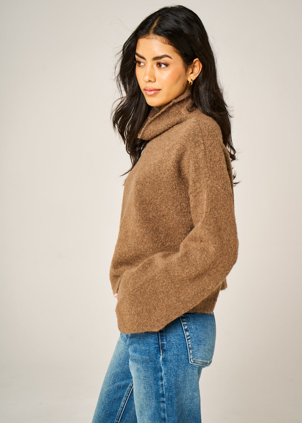 Close-up of Coco Brown Sienna Jumper bouclé alpaca and mohair texture