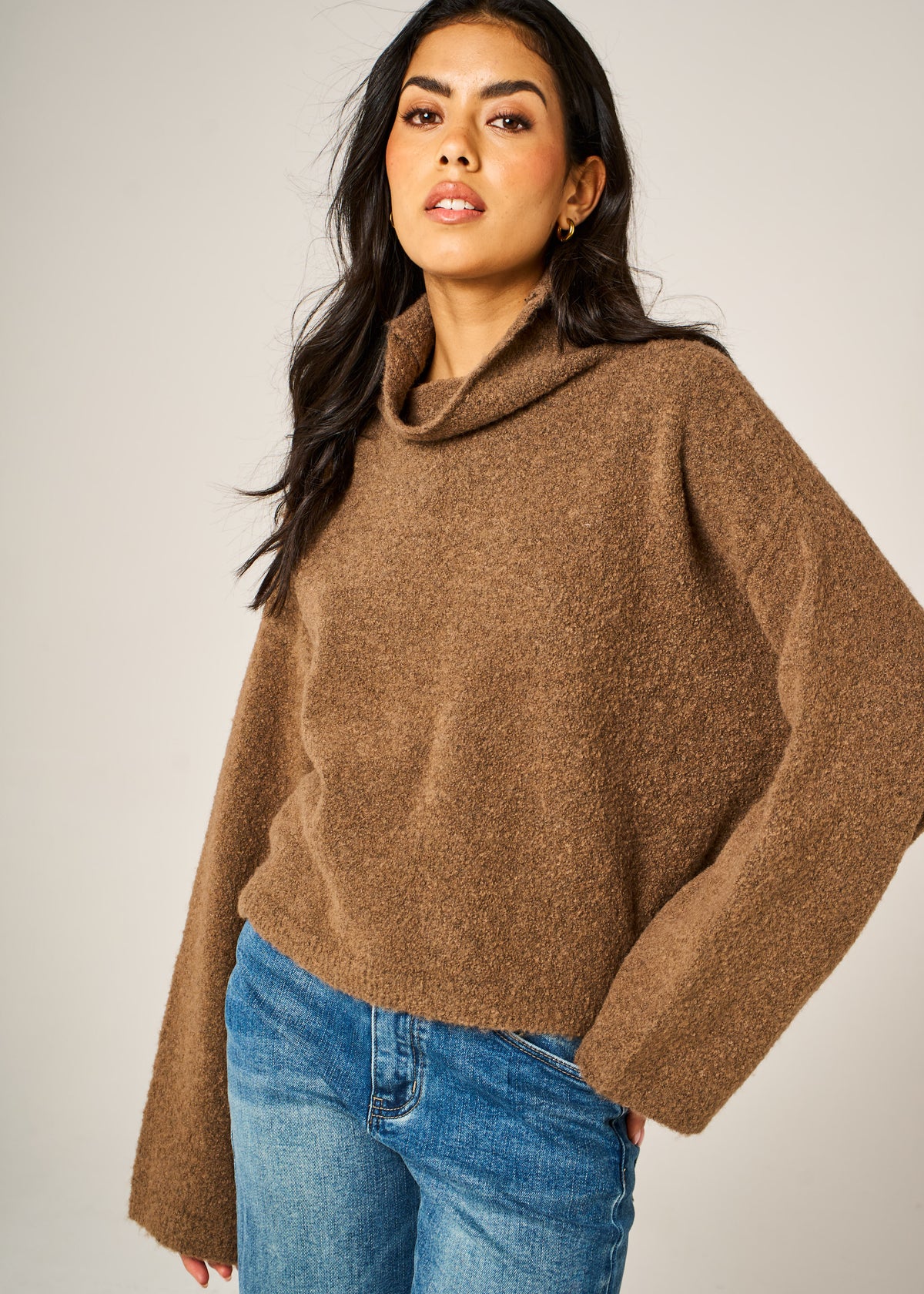 Sienna Coco Brown cropped boxy jumper with relaxed roll neck