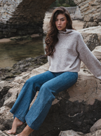 Sienna Jumper in mushroom, handmade bouclé wool and alpaca blend, cropped boxy fit with high neckline