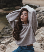 Sienna Jumper in mushroom, handmade bouclé wool and alpaca blend, cropped boxy fit with high neckline