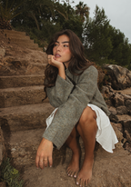Lakeside bouclé wool and alpaca jumper in grey-blue with cropped boxy fit
