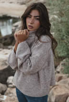 Sienna Jumper in mushroom, handmade bouclé wool and alpaca blend, cropped boxy fit with high neckline