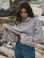 Sienna Jumper in mushroom, handmade bouclé wool and alpaca blend, cropped boxy fit with high neckline