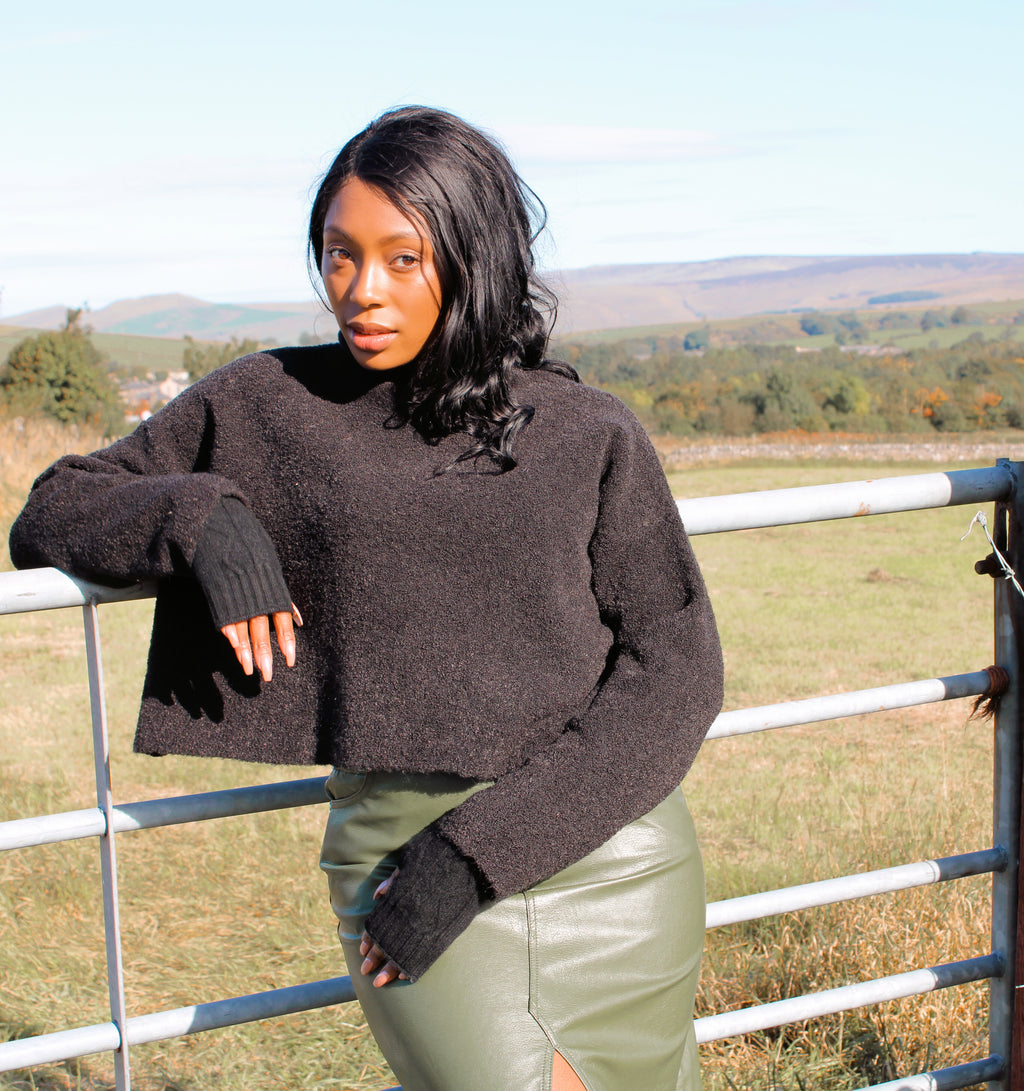 Sienna Midnight Black alpaca and mohair bouclé jumper with relaxed roll neck