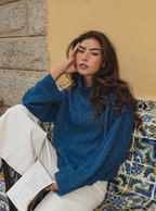 Detail of Sienna Jumper Azure Blue bouclé wool and alpaca texture