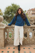 Sienna Azure Blue cropped alpaca mohair jumper worn with tailored trousers