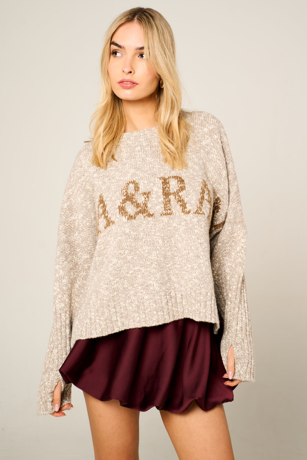Handmade Willow jumper in stone and oatmeal, super-chunky wool and organic cotton blend, oversized fit with thumb holes