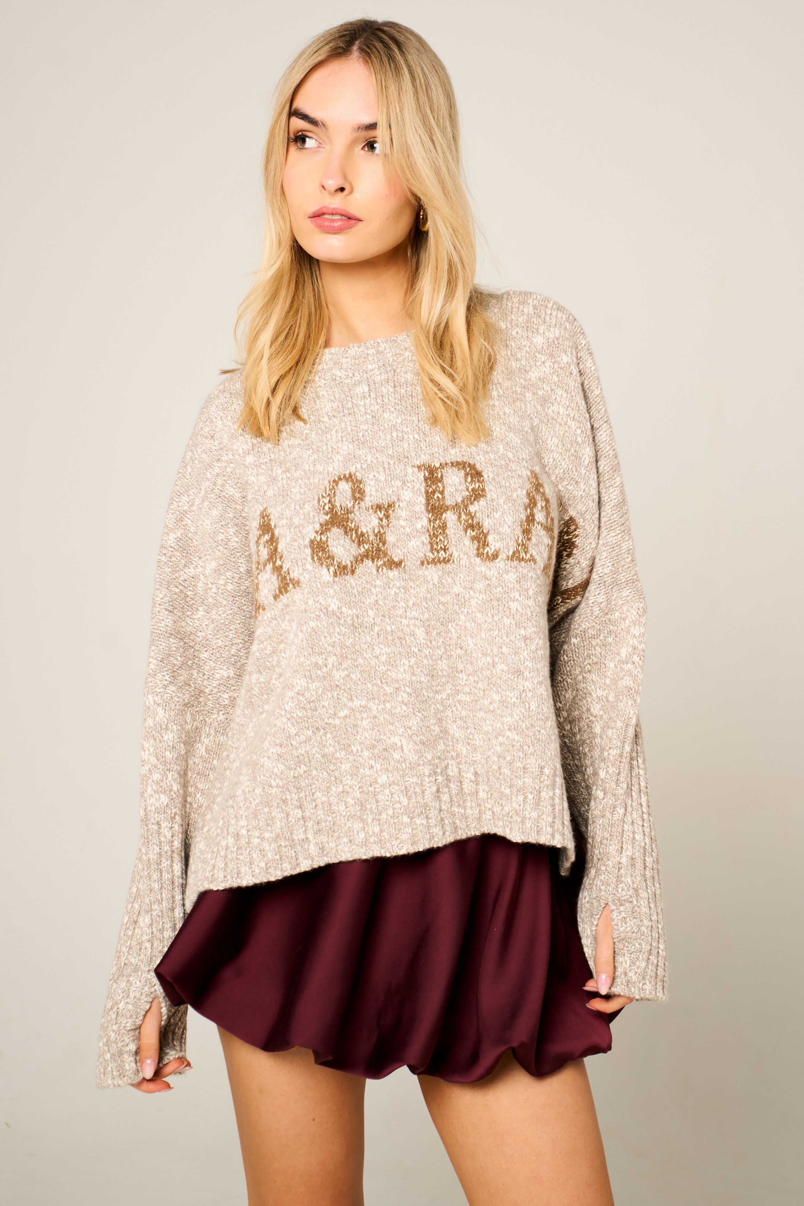 Handmade Willow jumper in stone and oatmeal, super-chunky wool and organic cotton blend, oversized fit with thumb holes