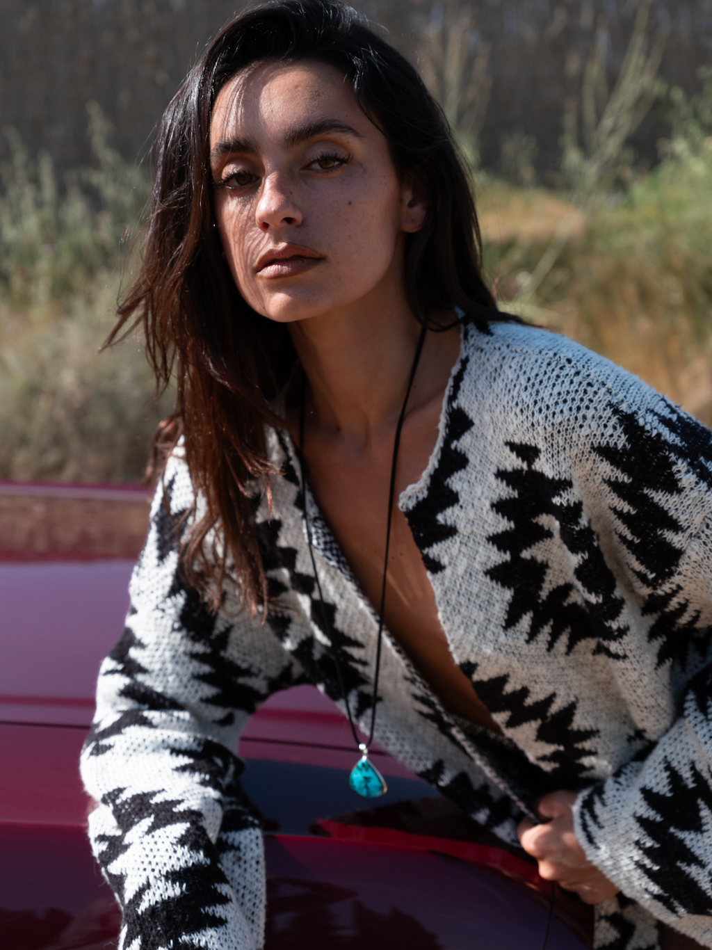Close up Aztec Navajo inspired pattern on Zafira Cardigan knit