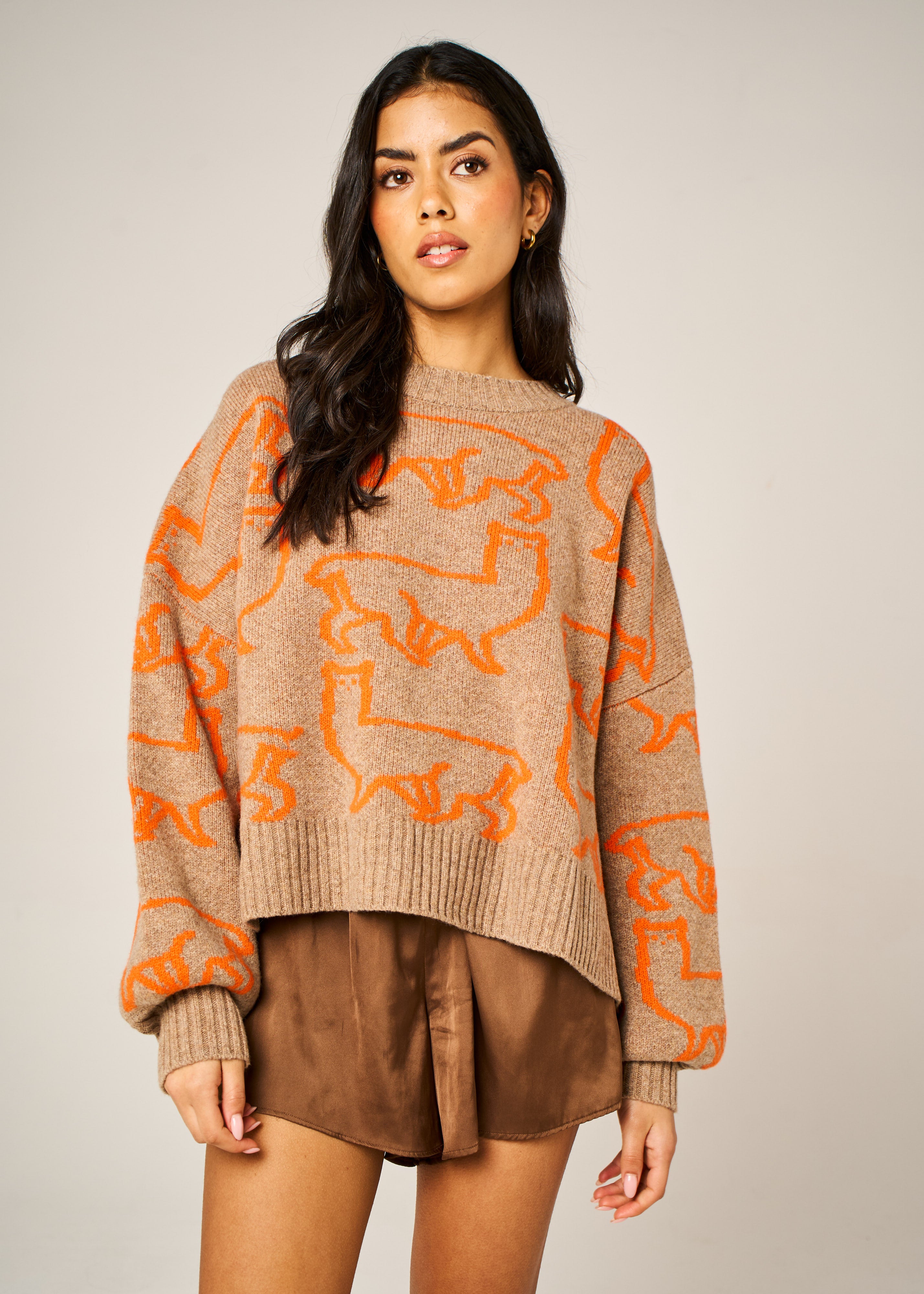 Handmade Eden Jumper in Dark Cookie super-chunky merino wool with bright orange alpaca jacquard motif