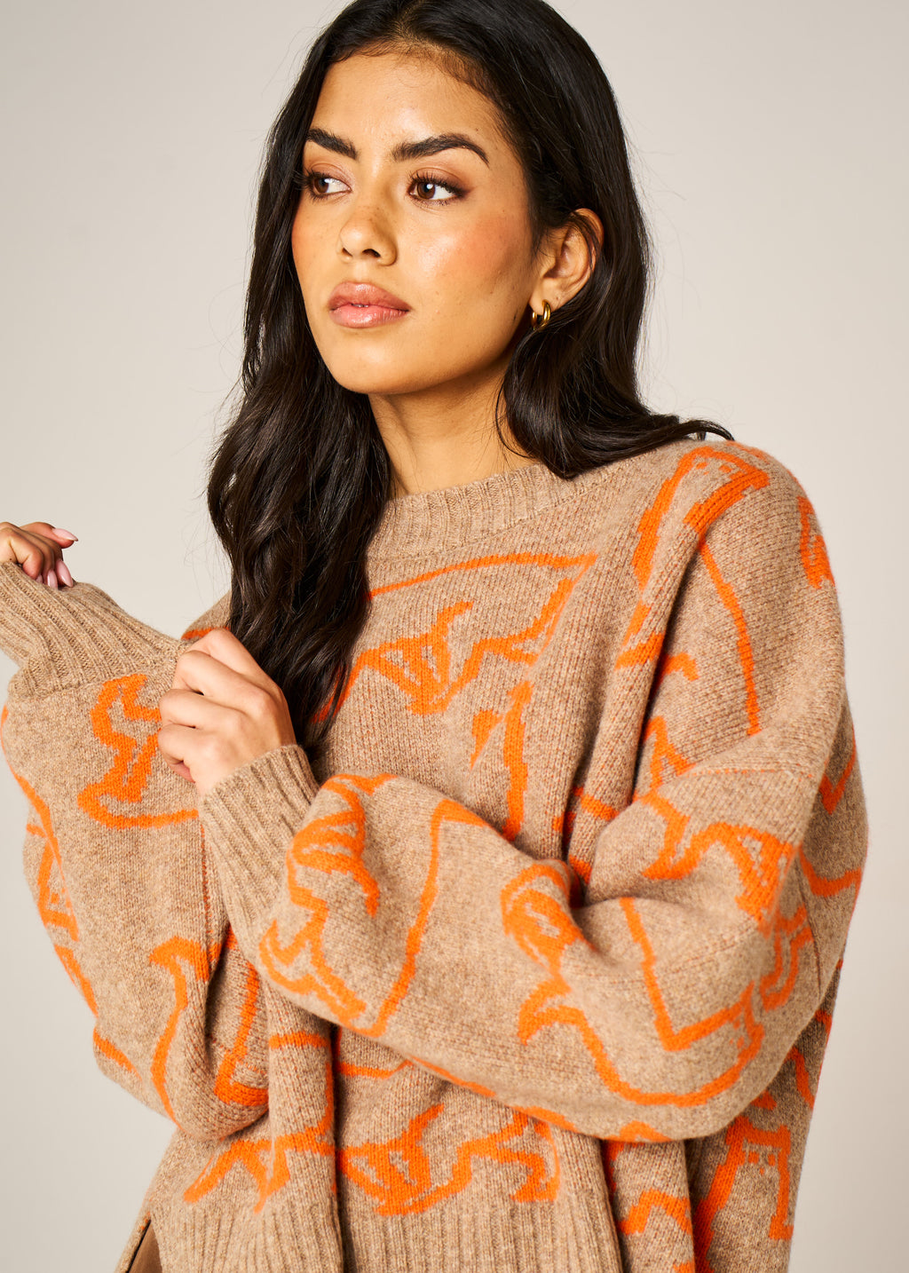 Handmade Eden Jumper in Dark Cookie super-chunky merino wool with bright orange alpaca jacquard motif