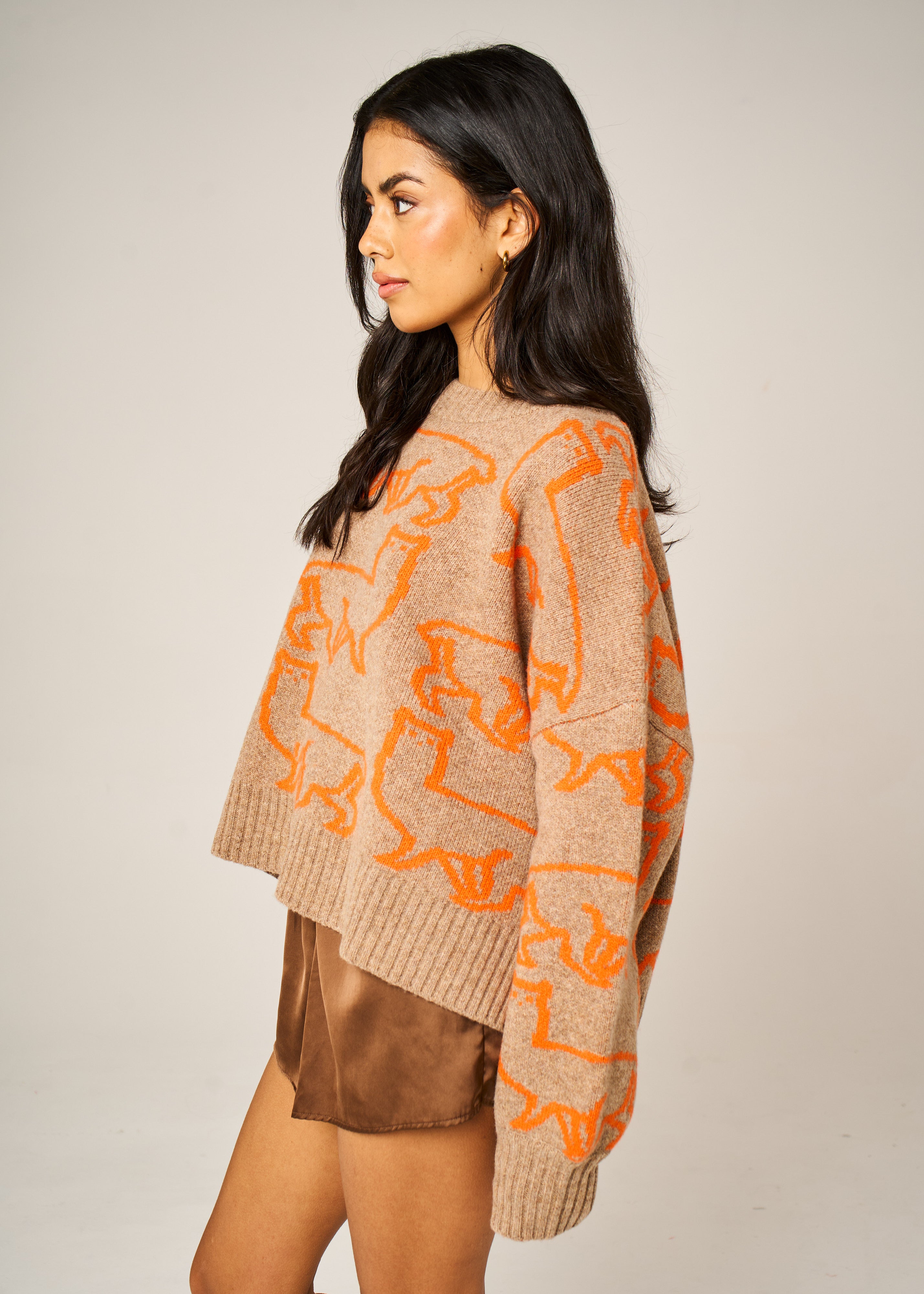 Handmade Eden Jumper in Dark Cookie super-chunky merino wool with bright orange alpaca jacquard motif