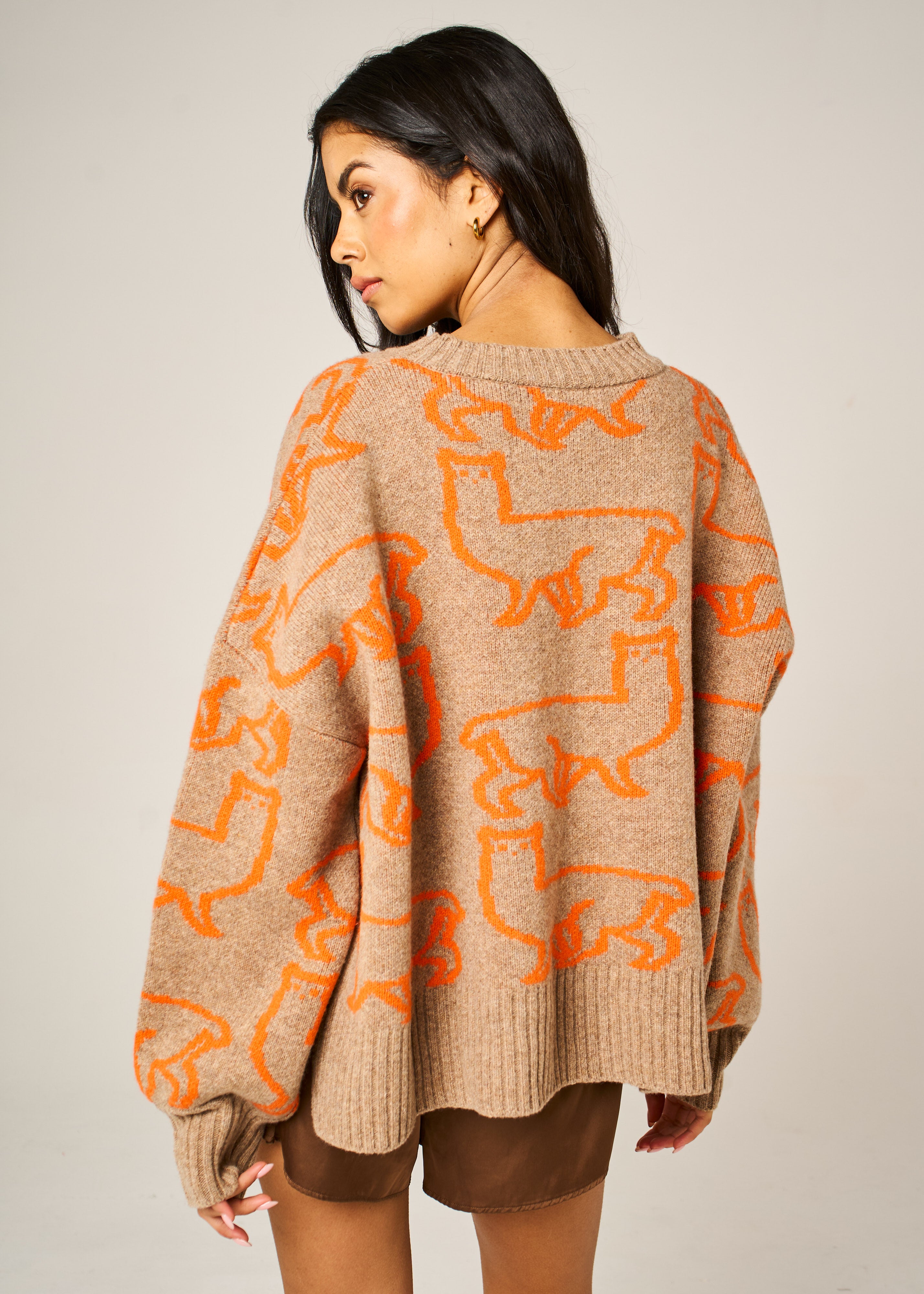 Handmade Eden Jumper in Dark Cookie super-chunky merino wool with bright orange alpaca jacquard motif
